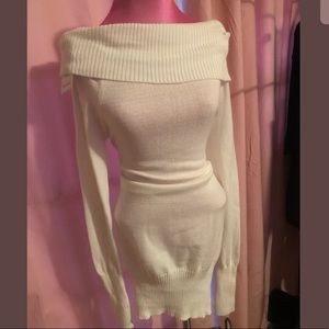 White cowl neck sweater fitted dress off shoulder